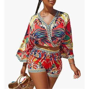 Women’s Red Floral 2-Piece Short Set XL Reversible Top Elastic Waist Vacation